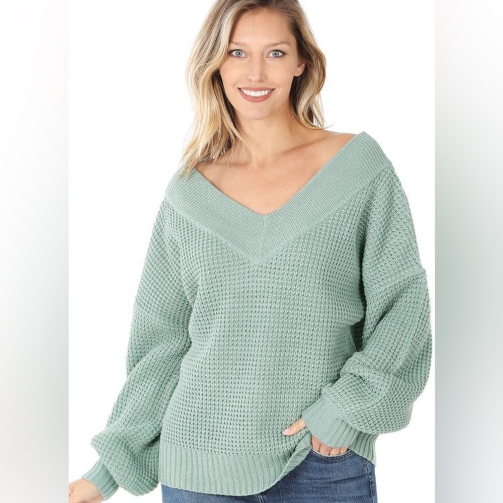 NWT sage green double v-neck sweater.